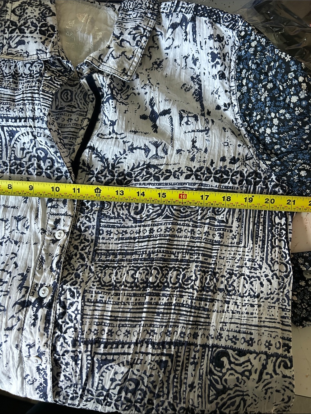 Cino Indigo Patchwork Cotton Print Bohemian Button Down Sz XL Boyfriend Shirt - Picture 8 of 8